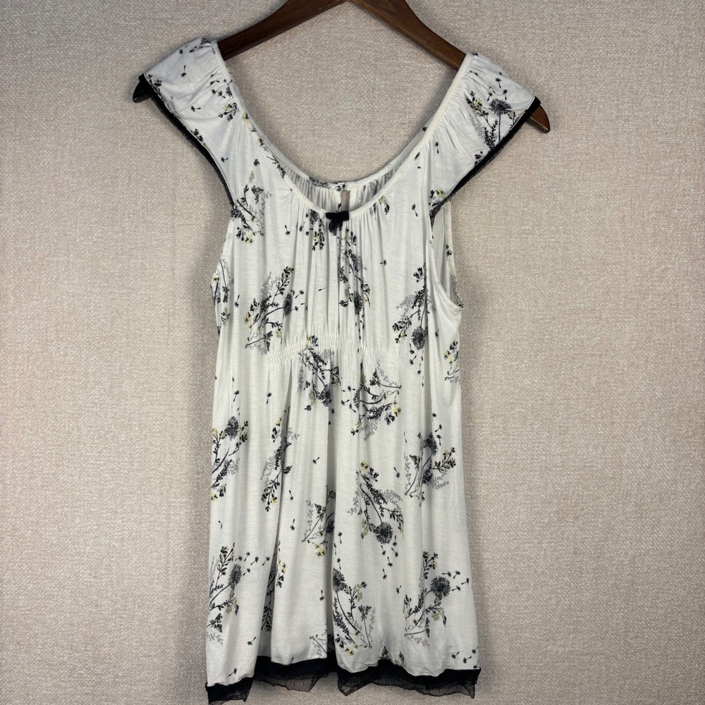 Cuddl Duds Floral Lace Trim Sleeveless Top White  Black Cottagecore Size Small